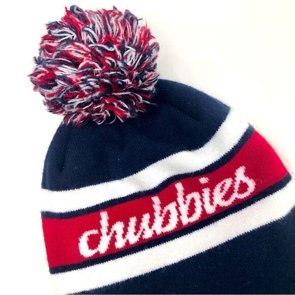 Chubbies Navy Blue Red Pompom Fleece Lined Knit Beanie Hat - Picture 2 of 6
